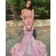 Alluring Halter Applique Glittering Sequins Prom Dresses Ruffles Open Back Chic Mermaid Sleeveless Evening Dresses