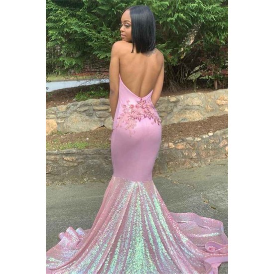 Alluring Halter Applique Glittering Sequins Prom Dresses Ruffles Open Back Chic Mermaid Sleeveless Evening Dresses
