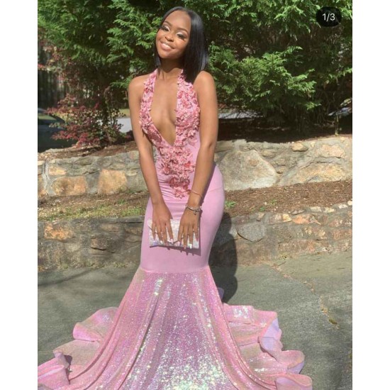 Alluring Halter Applique Glittering Sequins Prom Dresses Ruffles Open Back Chic Mermaid Sleeveless Evening Dresses