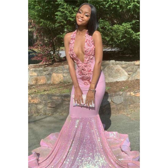 Alluring Halter Applique Glittering Sequins Prom Dresses Ruffles Open Back Chic Mermaid Sleeveless Evening Dresses