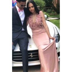 Chic Straps Fur V-Neck Prom Dresses New Arrival Pink Sleeveless Mermaid Evening Gowns