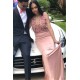 Chic Straps Fur V-Neck Prom Dresses New Arrival Pink Sleeveless Mermaid Evening Gowns