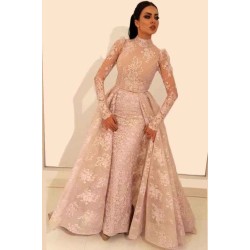 Vintage A-Line Lace Prom Dresses High Neck Long Sleevess Detachable Skirt Evening Dresses