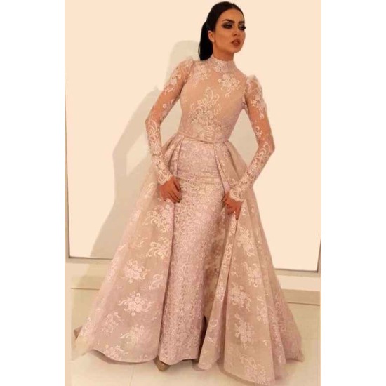 Vintage A-Line Lace Prom Dresses High Neck Long Sleevess Detachable Skirt Evening Dresses