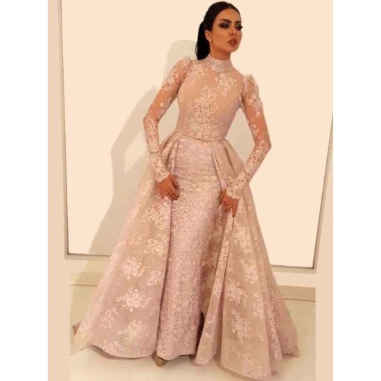 Vintage A-Line Lace Prom Dresses High Neck Long Sleevess Detachable Skirt Evening Dresses