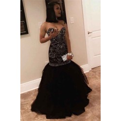 Chic Sweetheart Beads Prom Dresses Mermaid Black Sequins Evening Gown