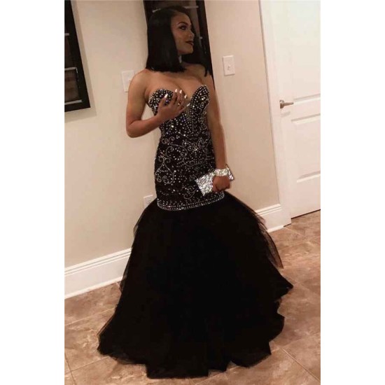 Chic Sweetheart Beads Prom Dresses Mermaid Black Sequins Evening Gown