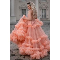 Chic Spaghetti Straps Coral Evening Gowns Chic Sleeveless Tulle Ruffles Long Prom Dresses for Juniors