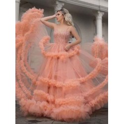 Chic Spaghetti Straps Coral Evening Gowns Chic Sleeveless Tulle Ruffles Long Prom Dresses for Juniors