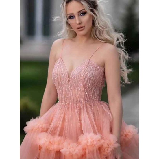 Chic Spaghetti Straps Coral Evening Gowns Chic Sleeveless Tulle Ruffles Long Prom Dresses for Juniors