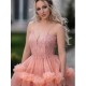 Chic Spaghetti Straps Coral Evening Gowns Chic Sleeveless Tulle Ruffles Long Prom Dresses for Juniors