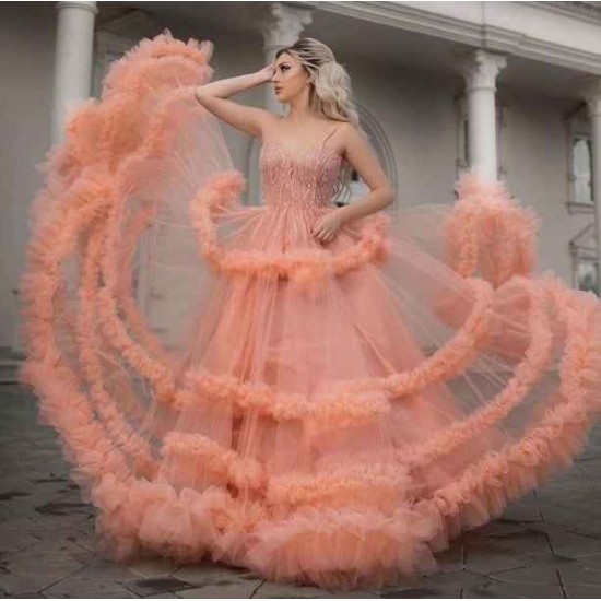 Chic Spaghetti Straps Coral Evening Gowns Chic Sleeveless Tulle Ruffles Long Prom Dresses for Juniors
