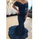 Mermaid Off-the-Shoulder Blue long Bridesmaid Dress On Sale Chic V-neck Open Back Gown Zipper Up With Train