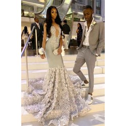 Alluring Chic V-neck Beads Appliques Prom Dresses Fit and Flare Flowers Evening Gowns