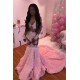 Pink Flowers Chic V-neck Alluring Prom Dresses Sheer Tulle Appliques Fit and Flare Evening Gowns