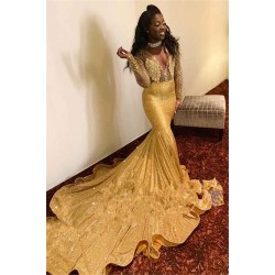 Sparkling Appliques Fit and Flare Prom Dresses Alluring Chic V-neck Gold Long Sleeves Evening Gowns