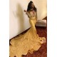 Sparkling Appliques Fit and Flare Prom Dresses Alluring Chic V-neck Gold Long Sleeves Evening Gowns