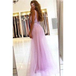 Straps A-line Lace V-neck Evening Dresses Floor Length Party Gowns