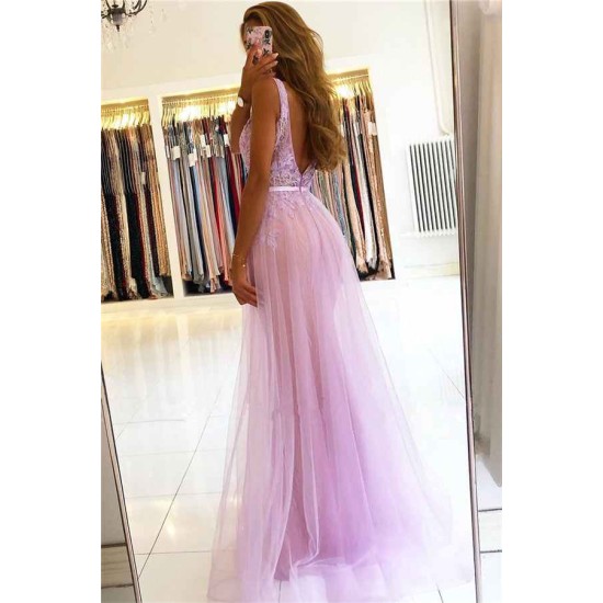 Straps A-line Lace V-neck Evening Dresses Floor Length Party Gowns