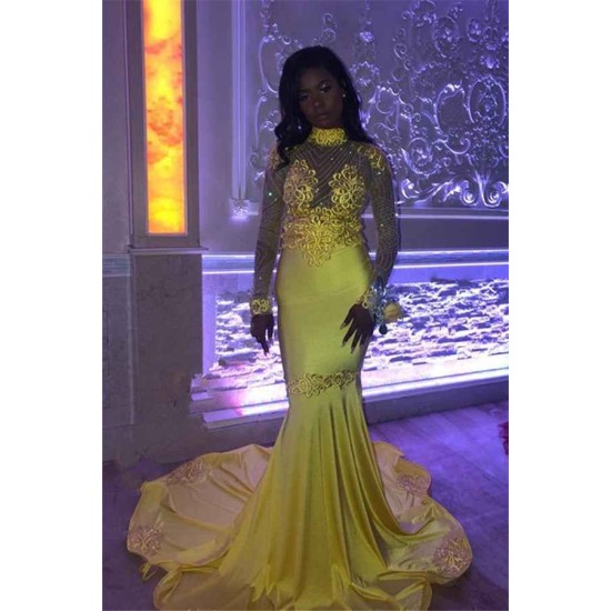 Amazing High Neck Beads Appliques Prom Dresses Fit and Flare Sheer Tulle Elegant Evening Gowns