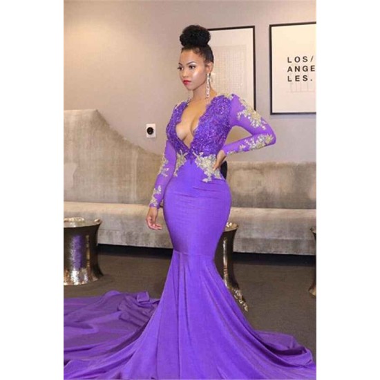 Unique Lace Appliques Deep Chic V-neck Prom Dresses Long Sleeves Fit and Flare Evening Gowns