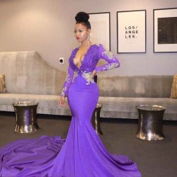 Unique Lace Appliques Deep Chic V-neck Prom Dresses Long Sleeves Fit and Flare Evening Gowns