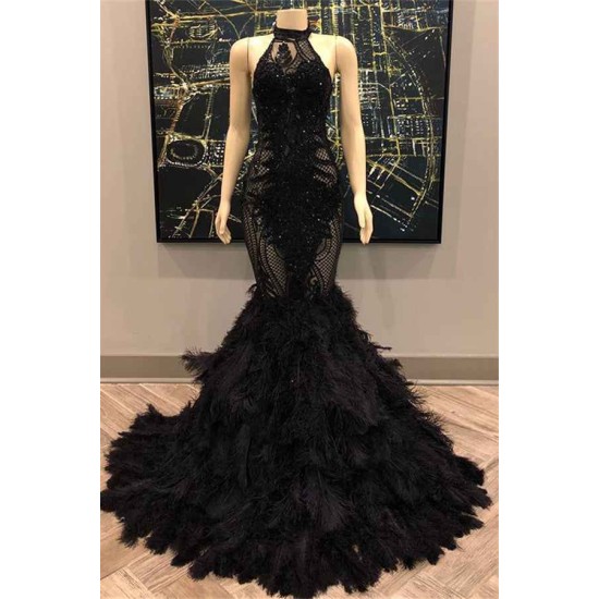 Unique Lace Appliques Halter Feather Prom Dresses Sleeveless Alluring Fit and Flare Evening Gowns