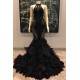 Unique Lace Appliques Halter Feather Prom Dresses Sleeveless Alluring Fit and Flare Evening Gowns