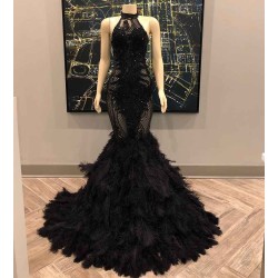 Unique Lace Appliques Halter Feather Prom Dresses Sleeveless Alluring Fit and Flare Evening Gowns