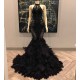 Unique Lace Appliques Halter Feather Prom Dresses Sleeveless Alluring Fit and Flare Evening Gowns
