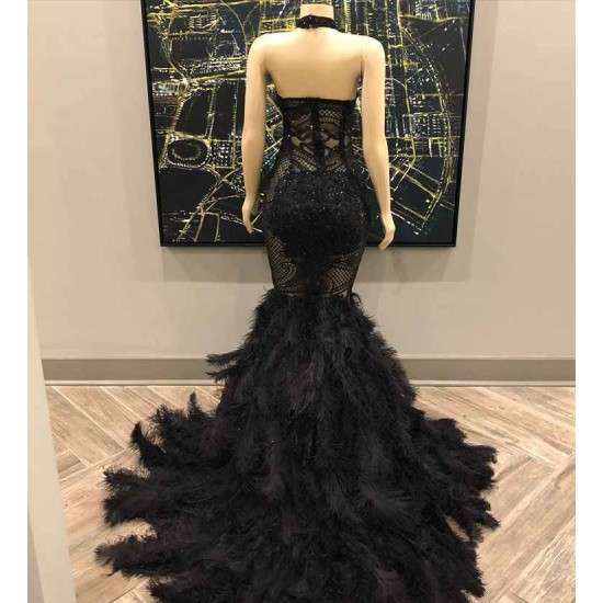 Unique Lace Appliques Halter Feather Prom Dresses Sleeveless Alluring Fit and Flare Evening Gowns