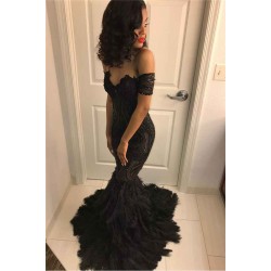 Beads Unique Lace Appliques Feather Prom Dresses Off-The-Shoulder Fit and Flare Evening Gowns