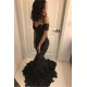 Beads Unique Lace Appliques Feather Prom Dresses Off-The-Shoulder Fit and Flare Evening Gowns