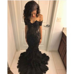 Beads Unique Lace Appliques Feather Prom Dresses Off-The-Shoulder Fit and Flare Evening Gowns