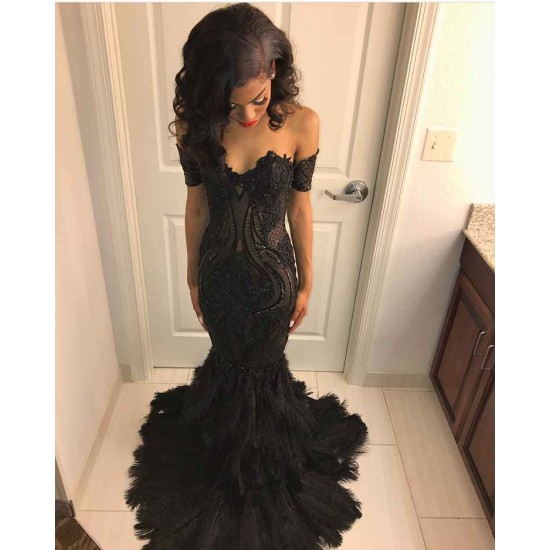 Beads Unique Lace Appliques Feather Prom Dresses Off-The-Shoulder Fit and Flare Evening Gowns