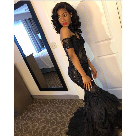 Beads Unique Lace Appliques Feather Prom Dresses Off-The-Shoulder Fit and Flare Evening Gowns