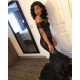 Beads Unique Lace Appliques Feather Prom Dresses Off-The-Shoulder Fit and Flare Evening Gowns
