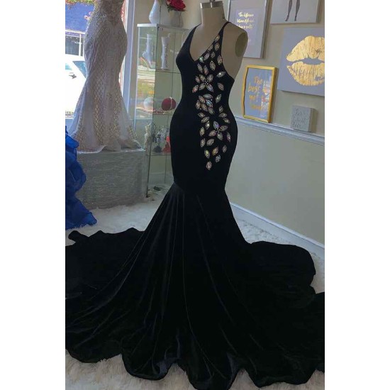 Gorgeous V-neck Spaghetti Sleeveless Crystal Beading Mermaid Formal Dresses