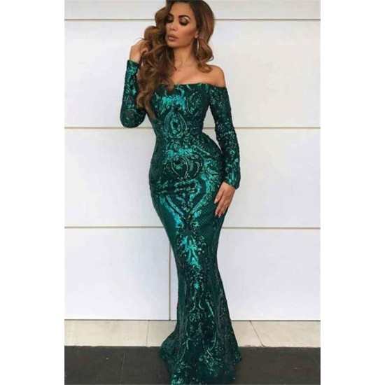 Off Shoulder Evening Dresses with Sleeves Chic Mermaid Sequins Prom Dresses