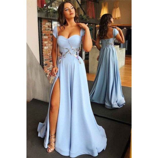 Cap Sleeves Open Back Blue Evening Dress Chic Side Slit Appliques Prom Dresses On Sale