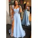 Cap Sleeves Open Back Blue Evening Dress Chic Side Slit Appliques Prom Dresses On Sale