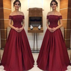 Maroon Off-the-Shoulder Applique Prom Dresses Charming Beads Ruffles Sleeveless Chic Evening Dresses