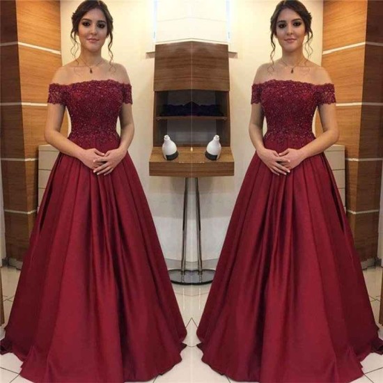 Maroon Off-the-Shoulder Applique Prom Dresses Charming Beads Ruffles Sleeveless Chic Evening Dresses