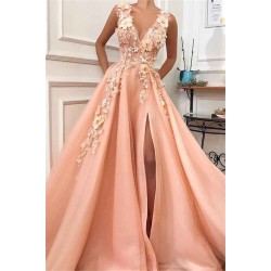 Gorgeous Straps V-Neck Flower Appliques A-Line Prom Party Gowns