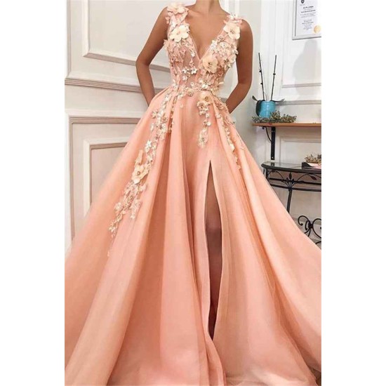 Gorgeous Straps V-Neck Flower Appliques A-Line Prom Party Gowns