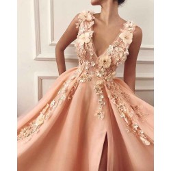 Gorgeous Straps V-Neck Flower Appliques A-Line Prom Party Gowns