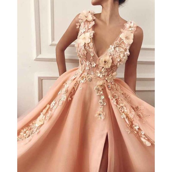 Gorgeous Straps V-Neck Flower Appliques A-Line Prom Party Gowns