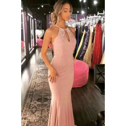Elegant Mermaid Halter Long Prom Dresses with Crystal