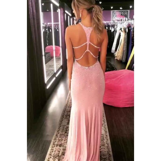 Elegant Mermaid Halter Long Prom Dresses with Crystal