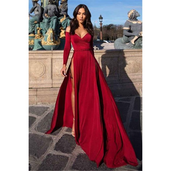 Charming Off-the-Shoulder V-Neck Long Sleevess Front Slipt Prom Party Gowns